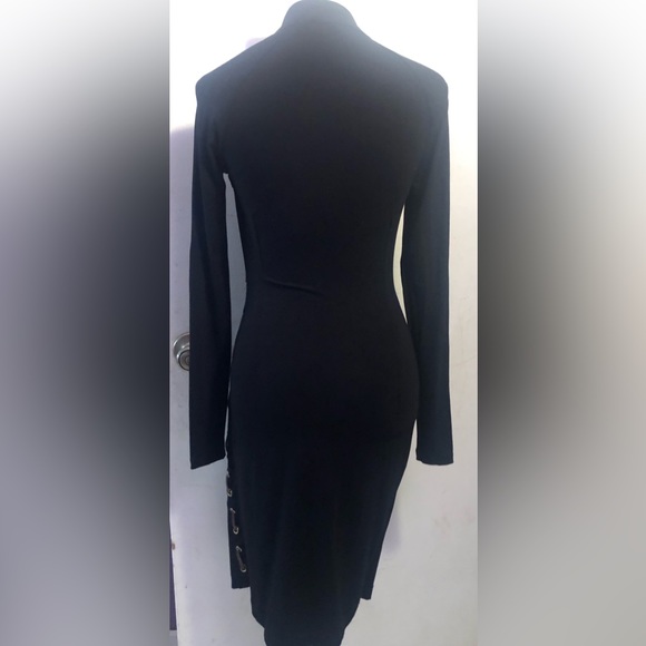 Carmen Marc Valvo-Blk Wrap Long Sleeve Bodycon Dress W/inner Laced Leather, SZ S - Picture 6 of 13